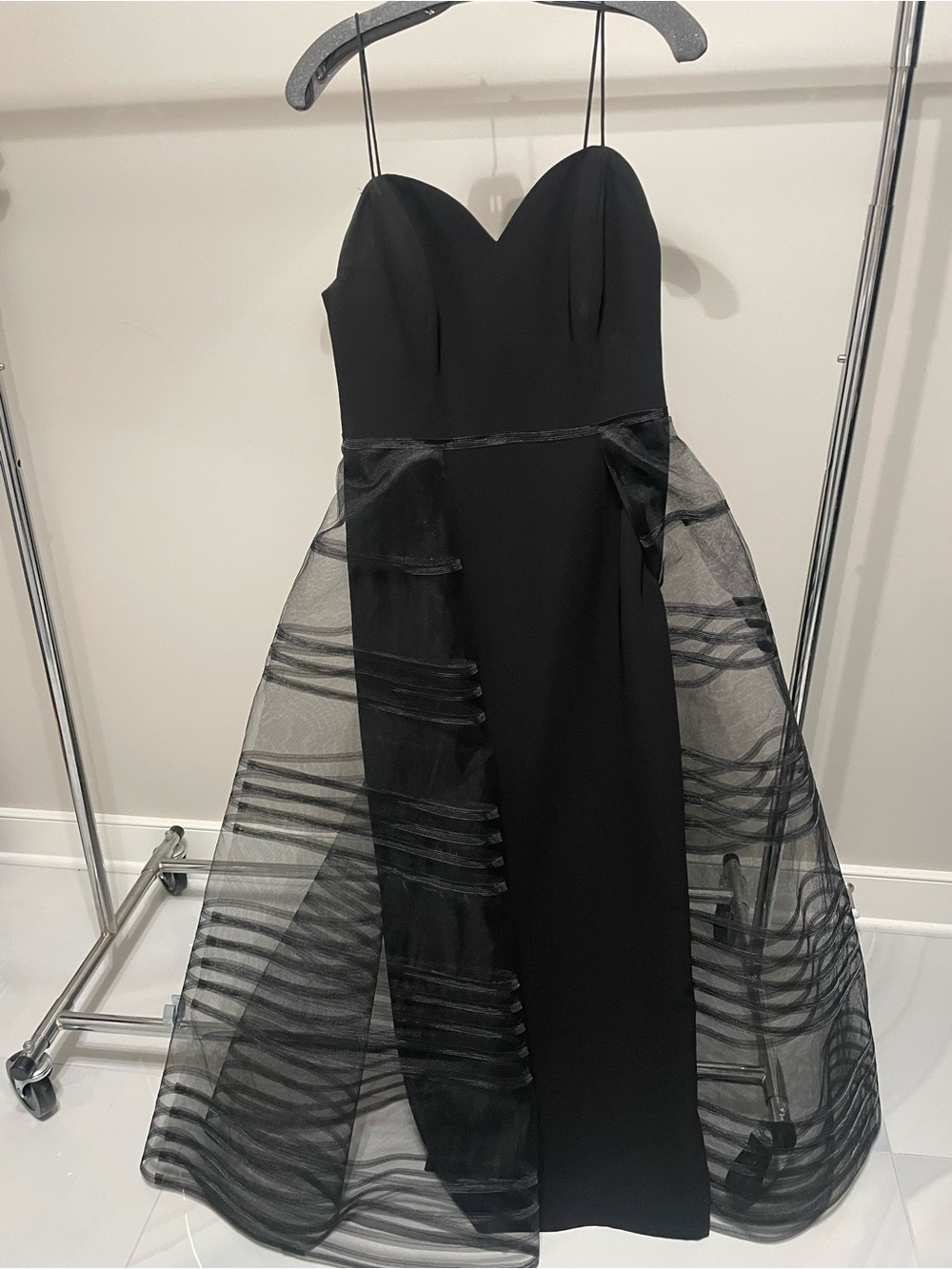 Custom Black Evening Gown with Sheer Stripe Skirt